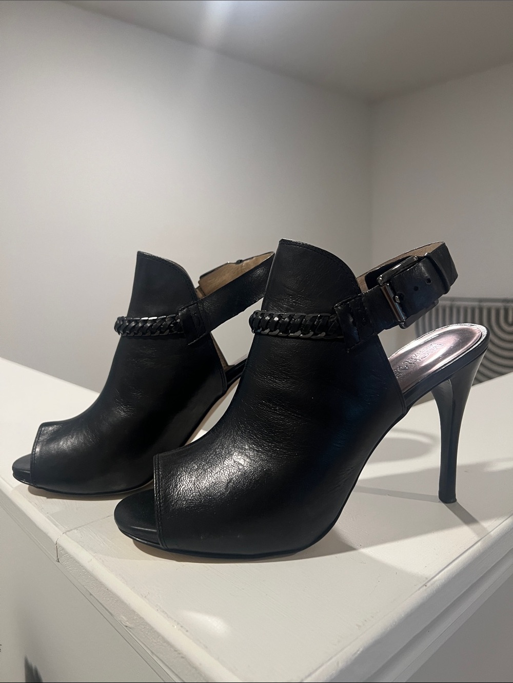 MICHAEL Michael Kors Black Peep-Toe Slingback Heels with Braided Accent
